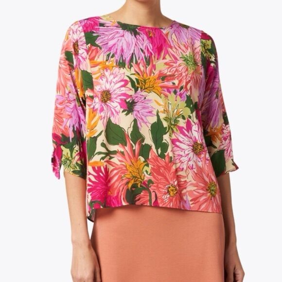 Weekend Max Mara Vorra Silk Top in Fuxia Pink Floral Print w/ Tie Sleeves Size 6 - Picture 1 of 12